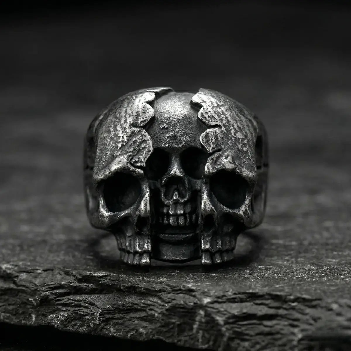 Three Headed Skull Ring Front View Aged Metal Gothic Jewelry