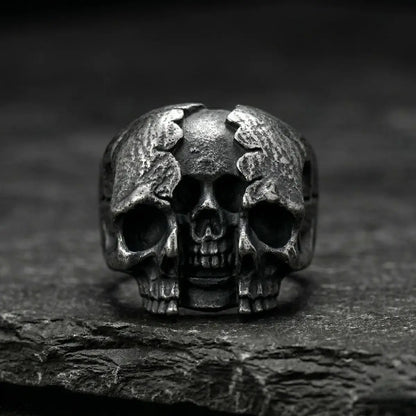 Three Headed Skull Ring Front View Aged Metal Gothic Jewelry