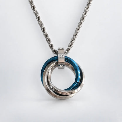 three ring necklace with rope chain white background