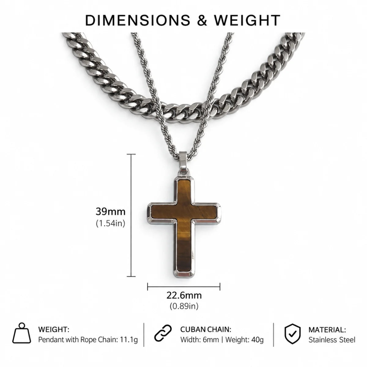 tiger eye cross necklace dimensions and weight