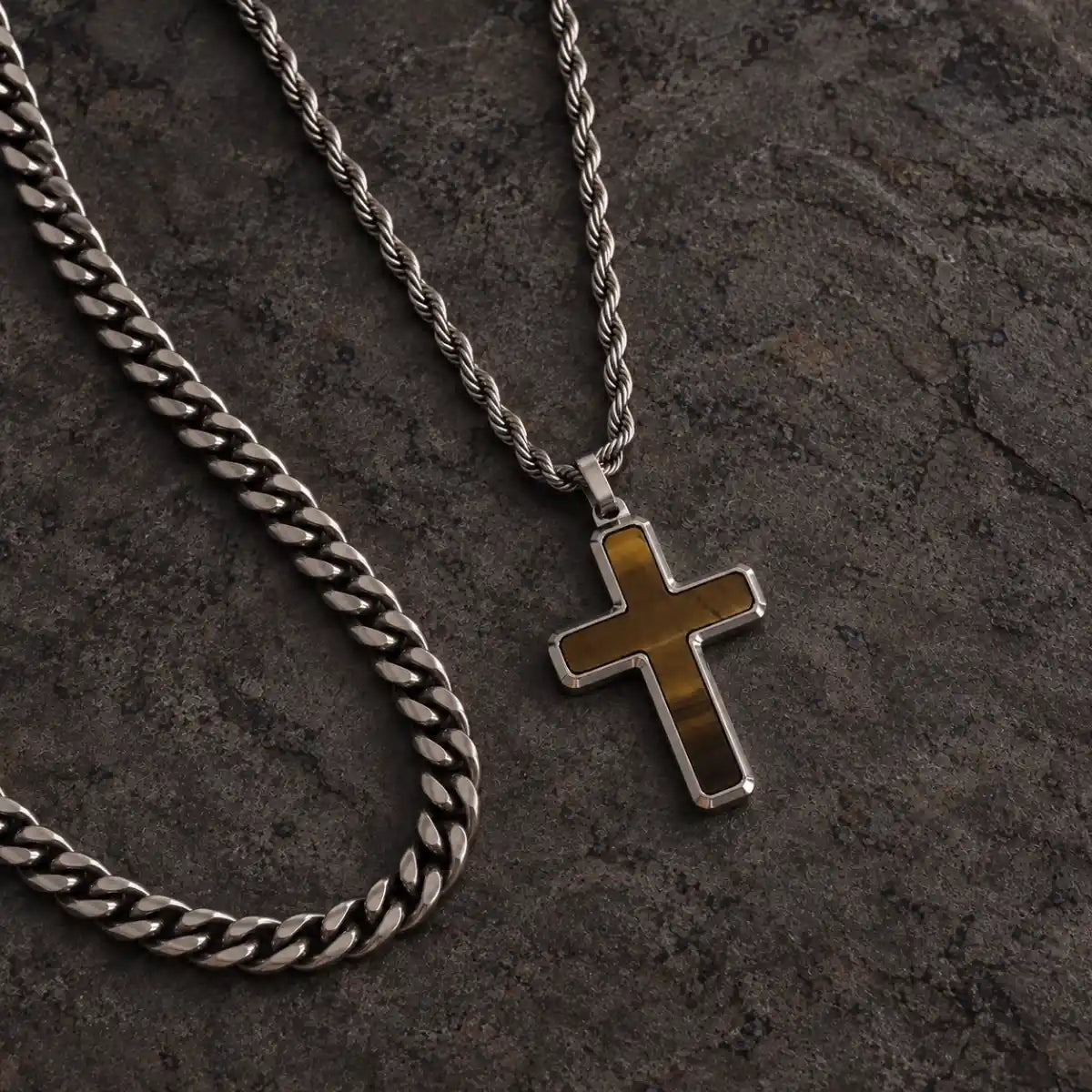 tiger eye cross necklace layered set birds eye display