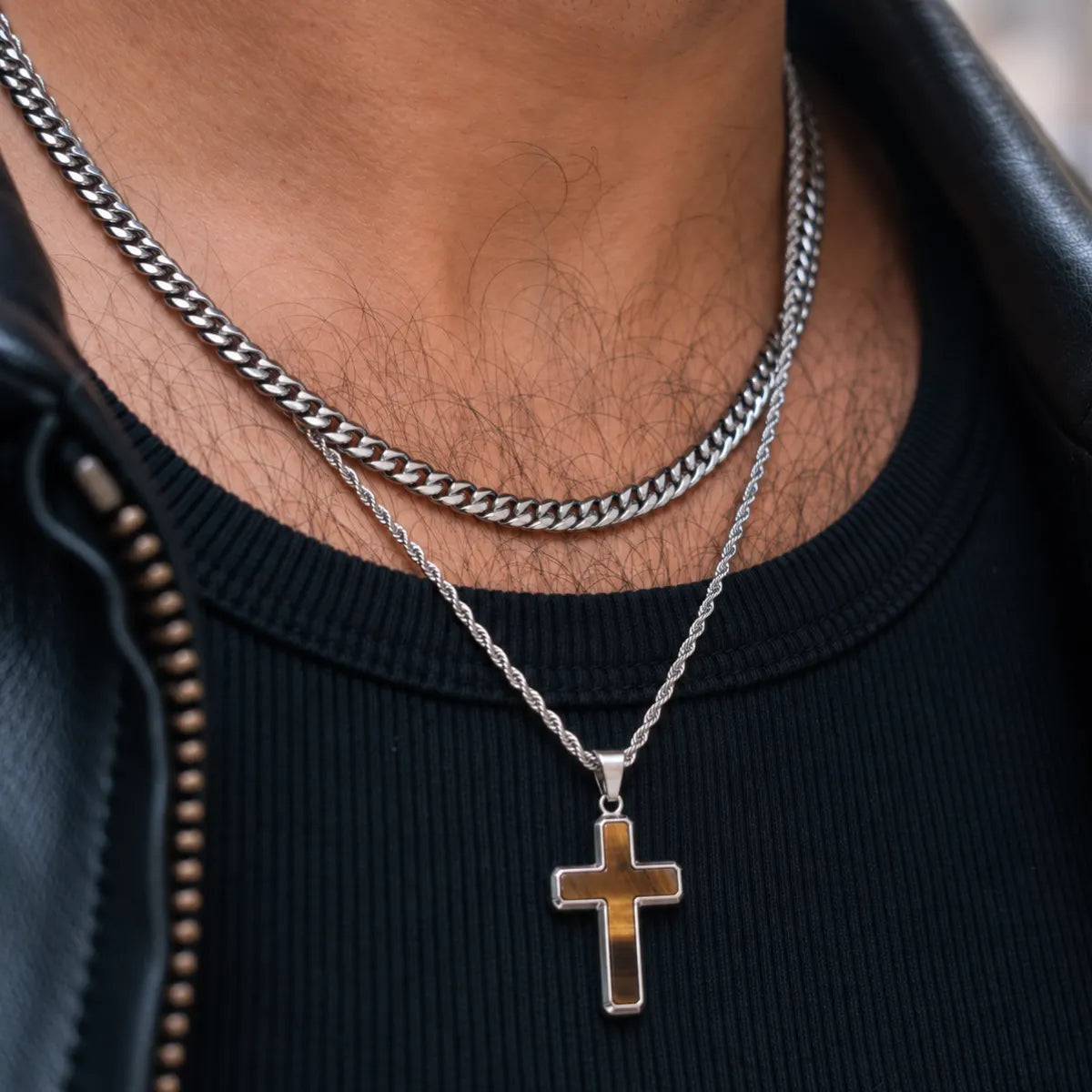tiger eye cross necklace layered set lifestyle black shirt