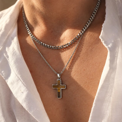 tiger eye cross necklace layered set lifestyle white shirt