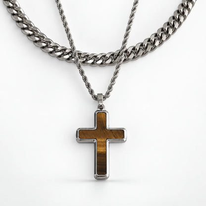 tiger eye cross necklace layered set white background