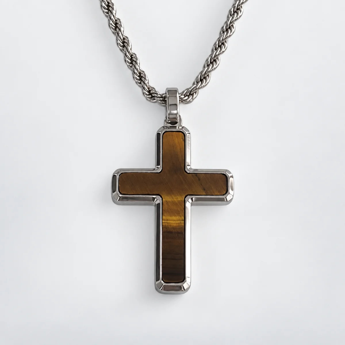 tiger eye cross necklace with rope chain white background