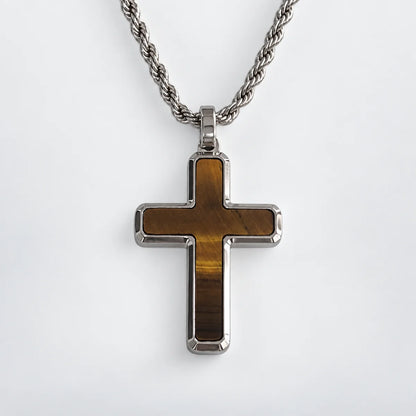 tiger eye cross necklace with rope chain white background
