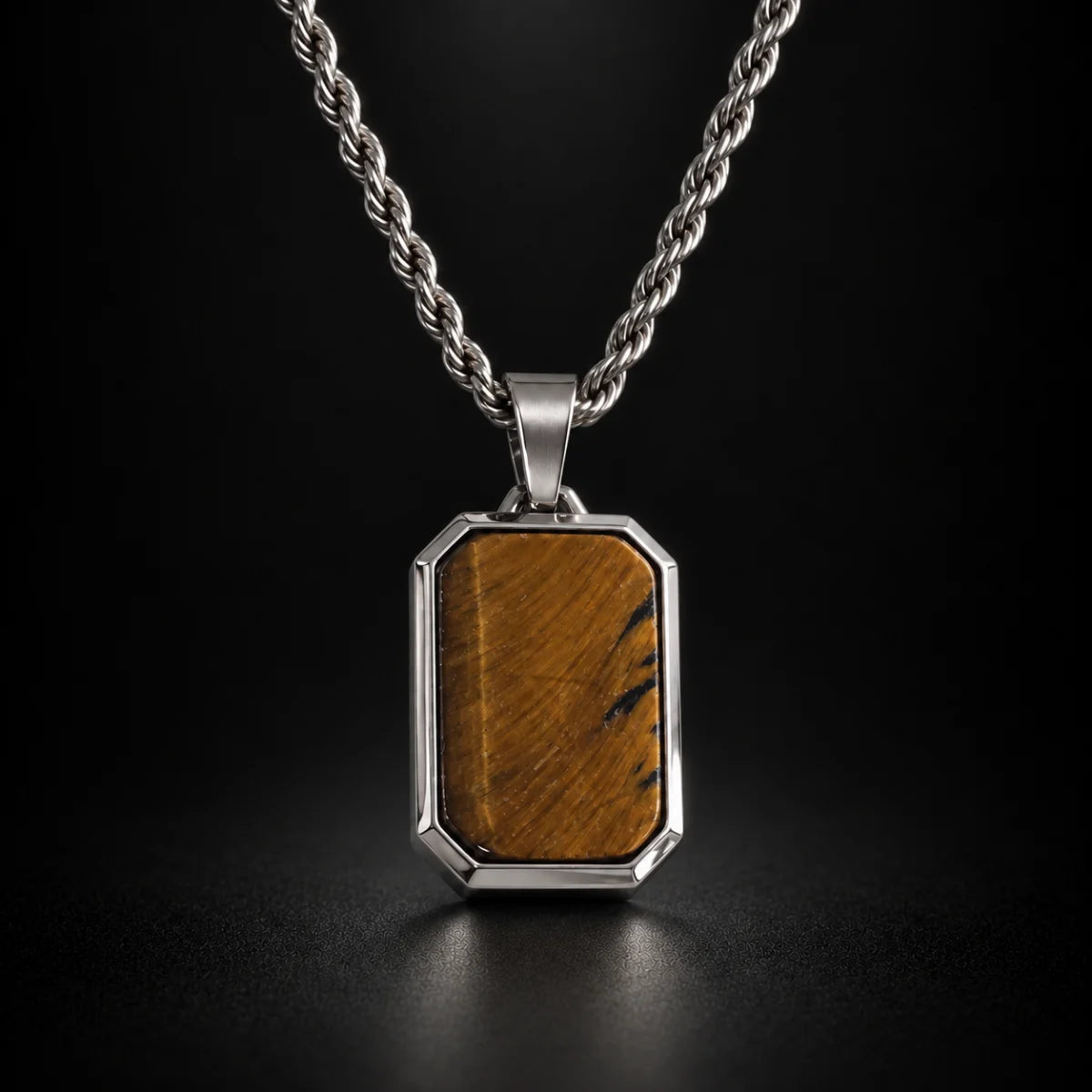 tiger eye dog tag necklace black background hero