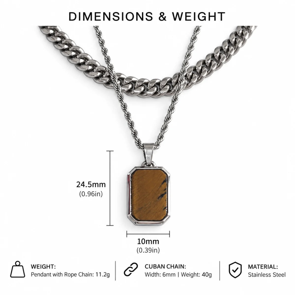 tiger eye dog tag necklace dimensions and weight