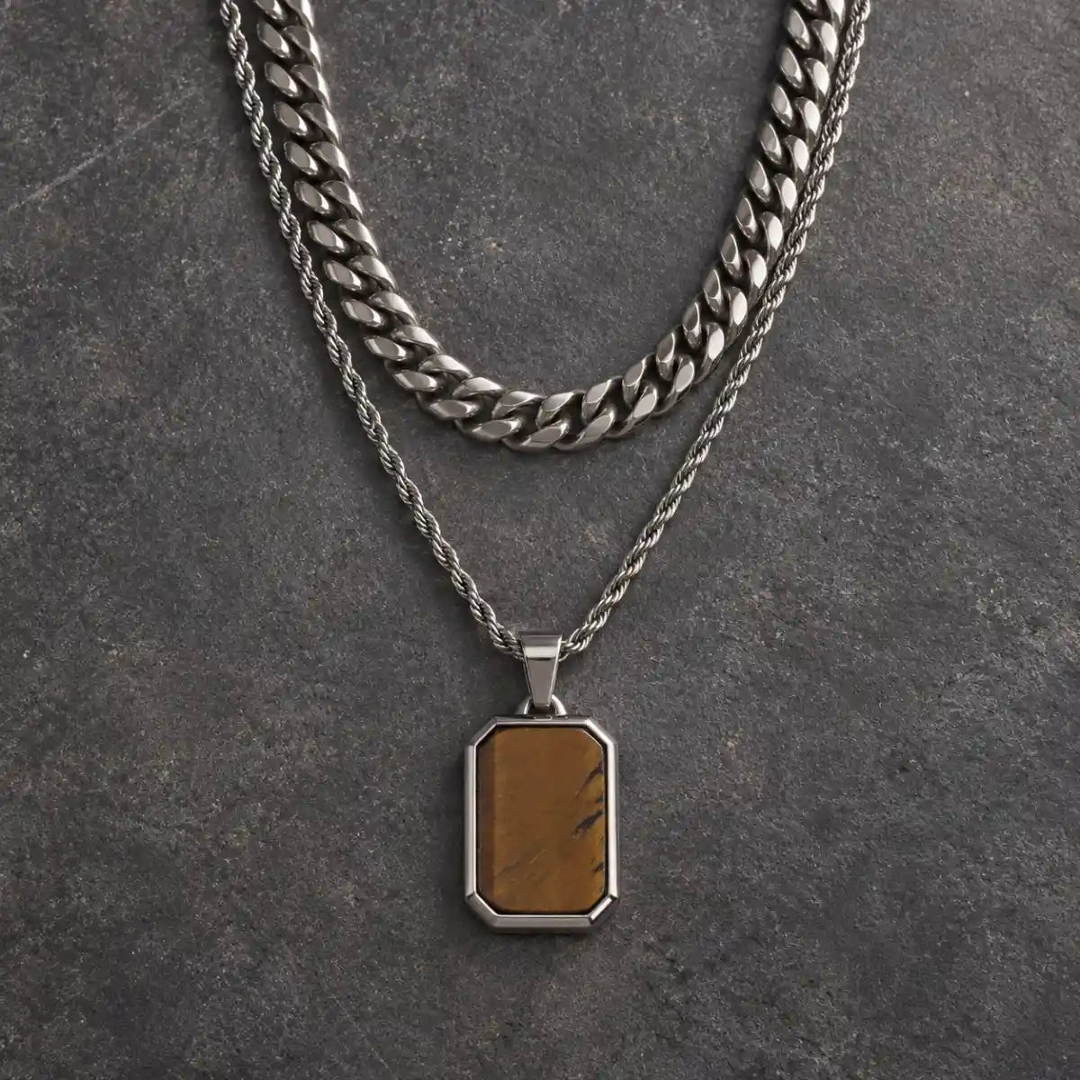 tiger eye dog tag necklace layered set birds eye display