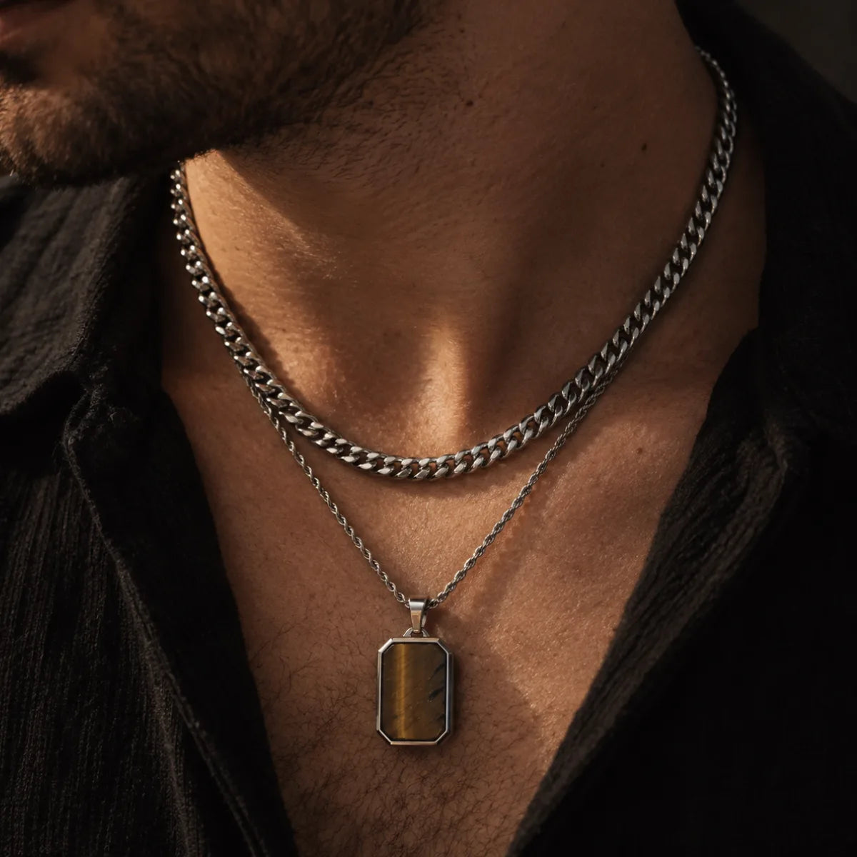 tiger eye dog tag necklace layered set lifestyle black shirt