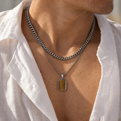 tiger eye dog tag necklace layered set lifestyle white shirt