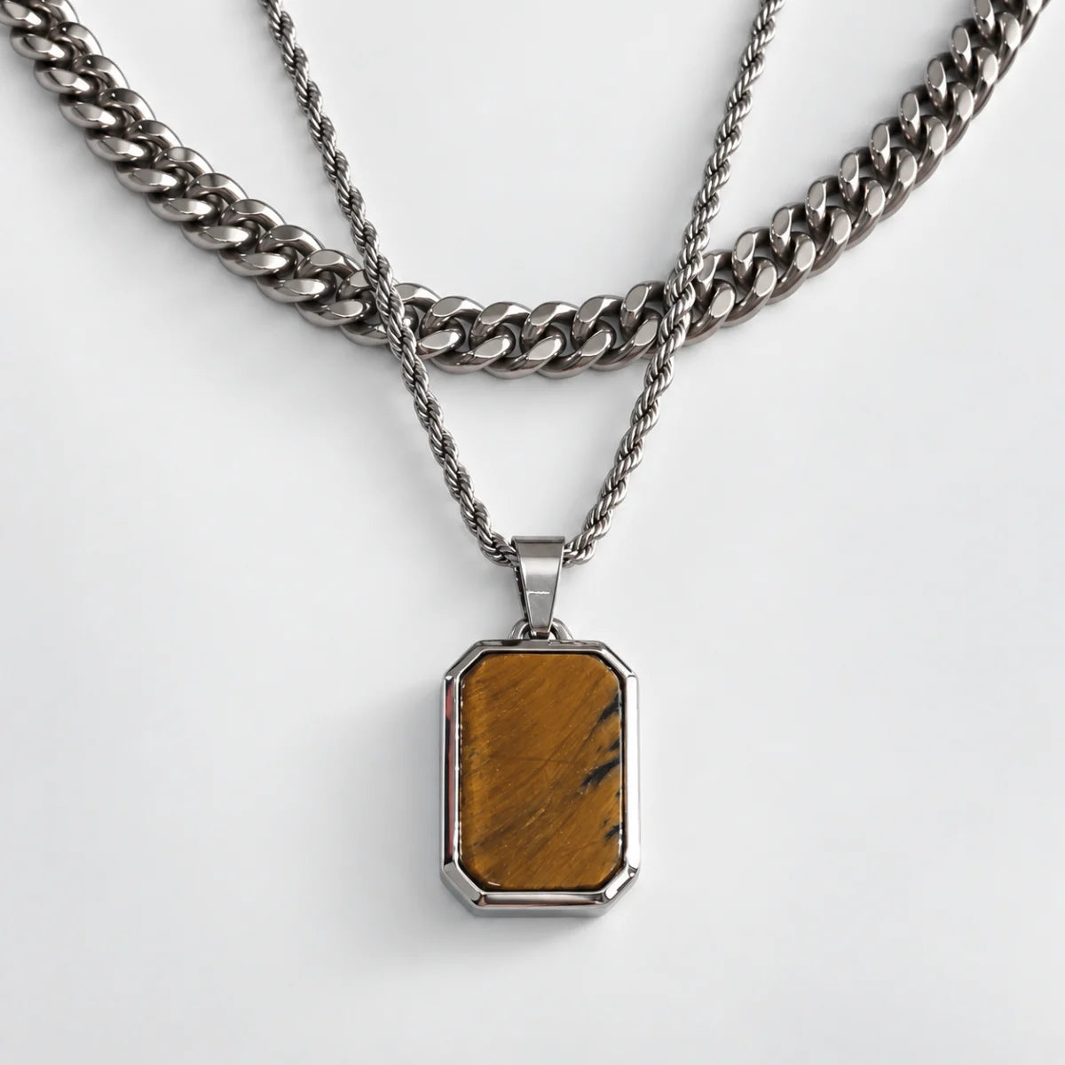tiger eye dog tag necklace layered set white background