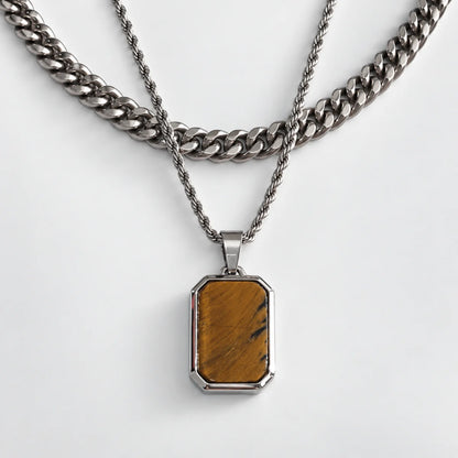tiger eye dog tag necklace layered set white background