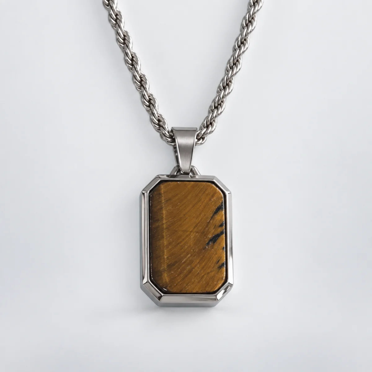 tiger eye dog tag necklace with rope chain white background