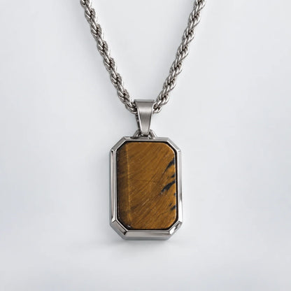 tiger eye dog tag necklace with rope chain white background