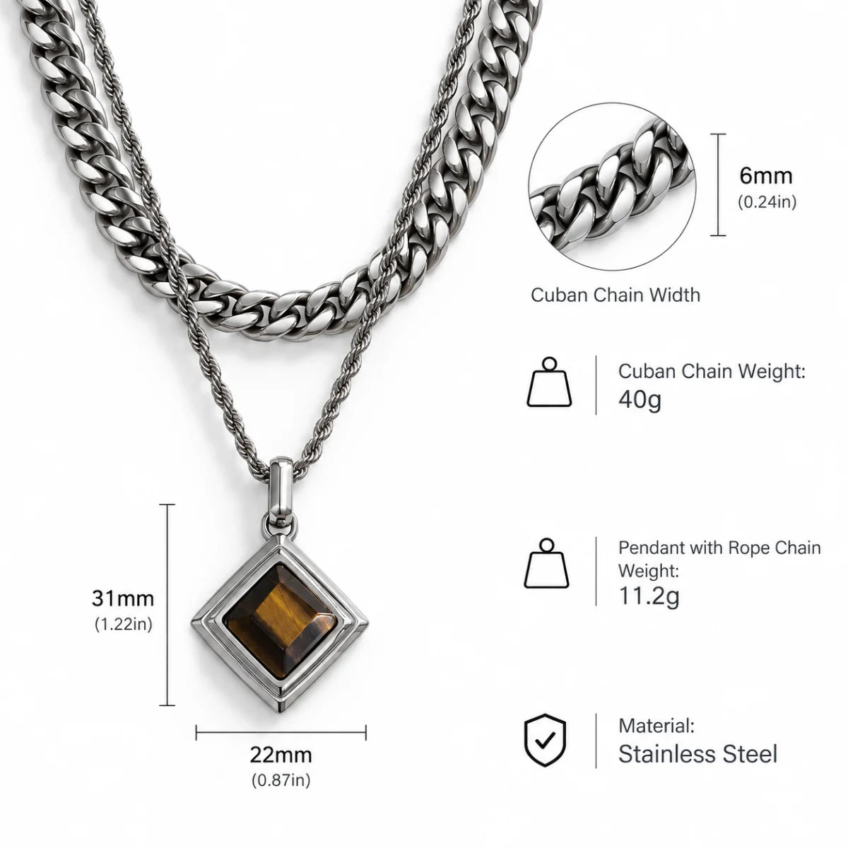 tiger eye geometric necklace dimensions and weight