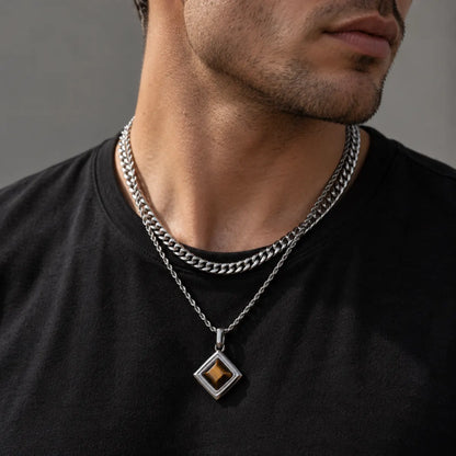 tiger eye geometric necklace layered set lifestyle black shirt