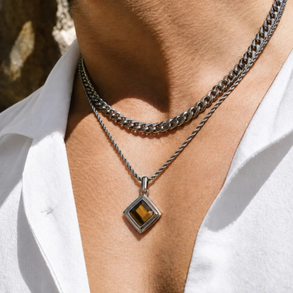 tiger eye geometric necklace layered set lifestyle white shirt