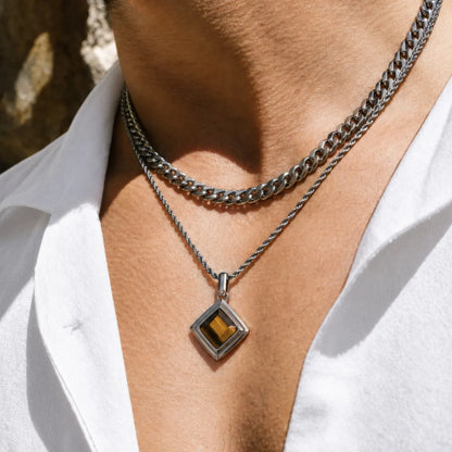 tiger eye geometric necklace layered set lifestyle white shirt