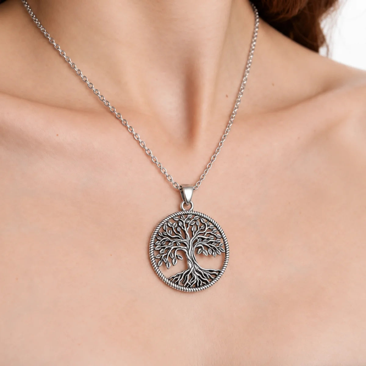 tree of life necklace rope border lifestyle female model