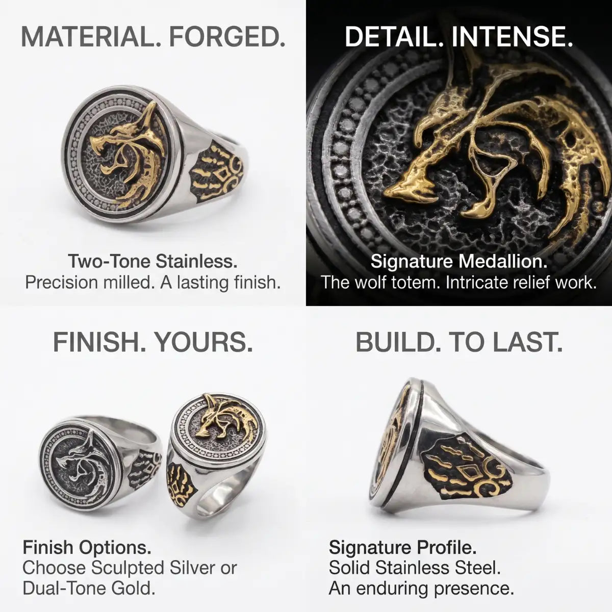 Tribal Wolf Signet Ring Design Features 316L Stainless Steel Mens Celtic Pagan Jewelry