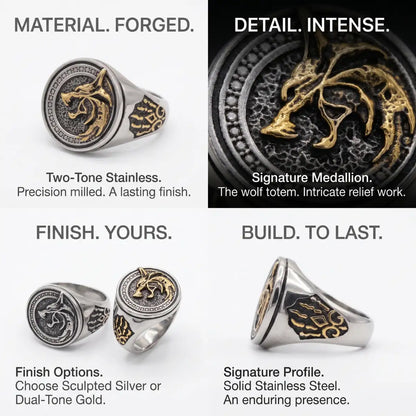 Tribal Wolf Signet Ring Design Features 316L Stainless Steel Mens Celtic Pagan Jewelry