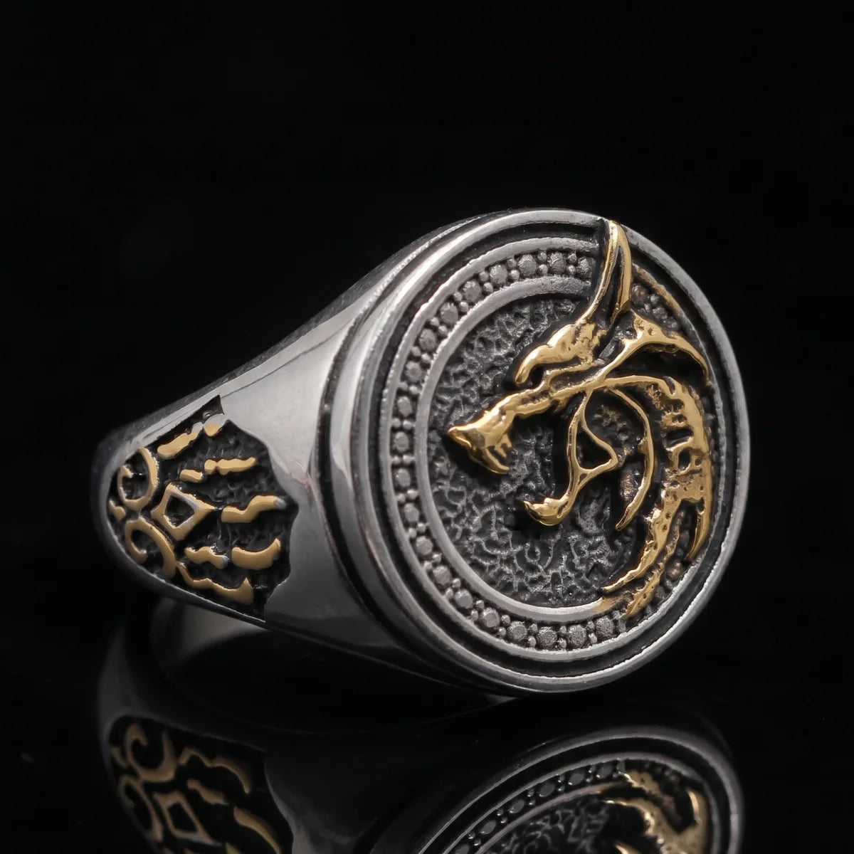 Tribal Wolf Signet Ring Silver And Gold Front View Premium Stainless Steel Mens Norse Animal Jewelry