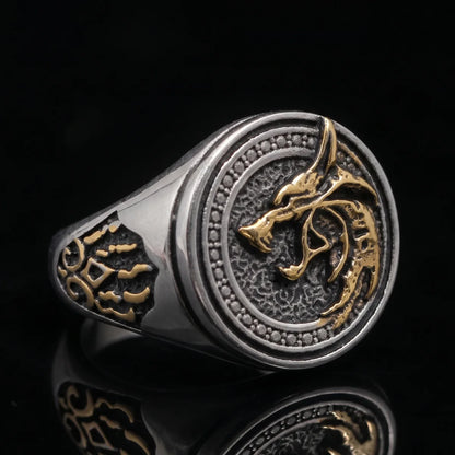 Tribal Wolf Signet Ring Silver And Gold Front View Premium Stainless Steel Mens Norse Animal Jewelry