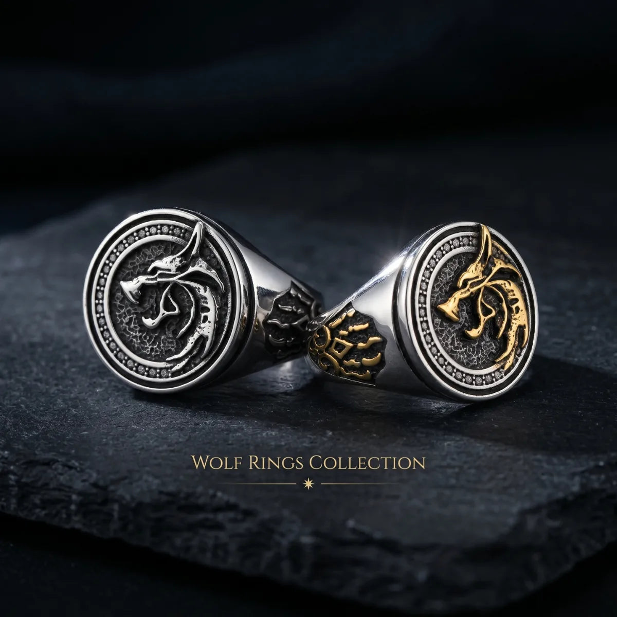 Tribal Wolf Signet Rings Collection Silver And Gold Premium Stainless Steel Viking Medallion Rings