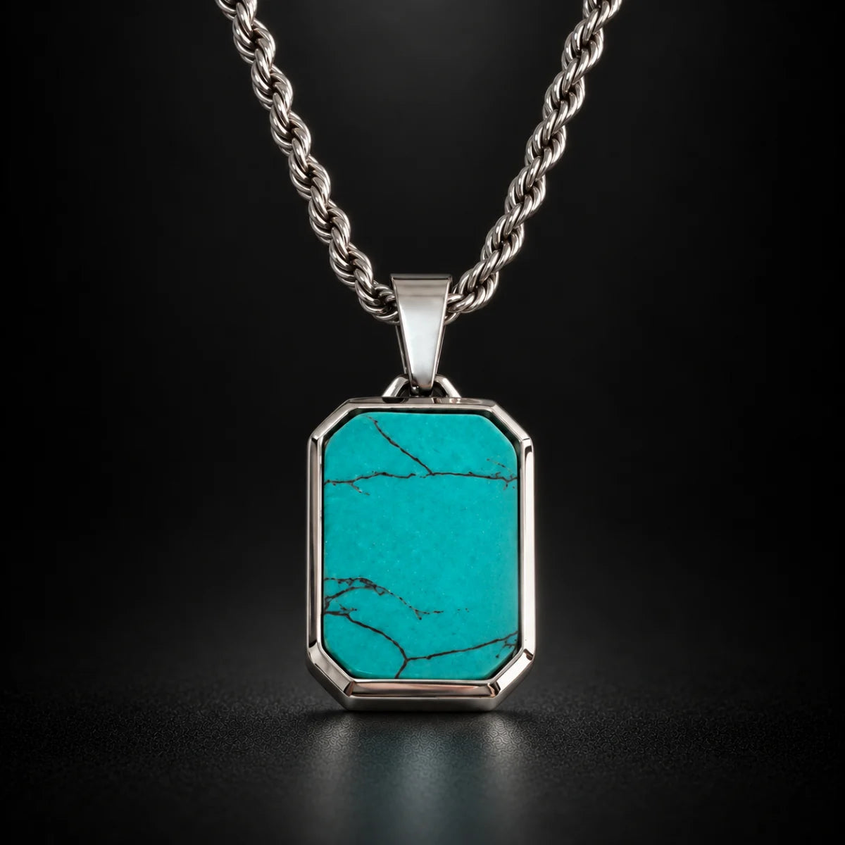 turquoise dog tag necklace black background hero