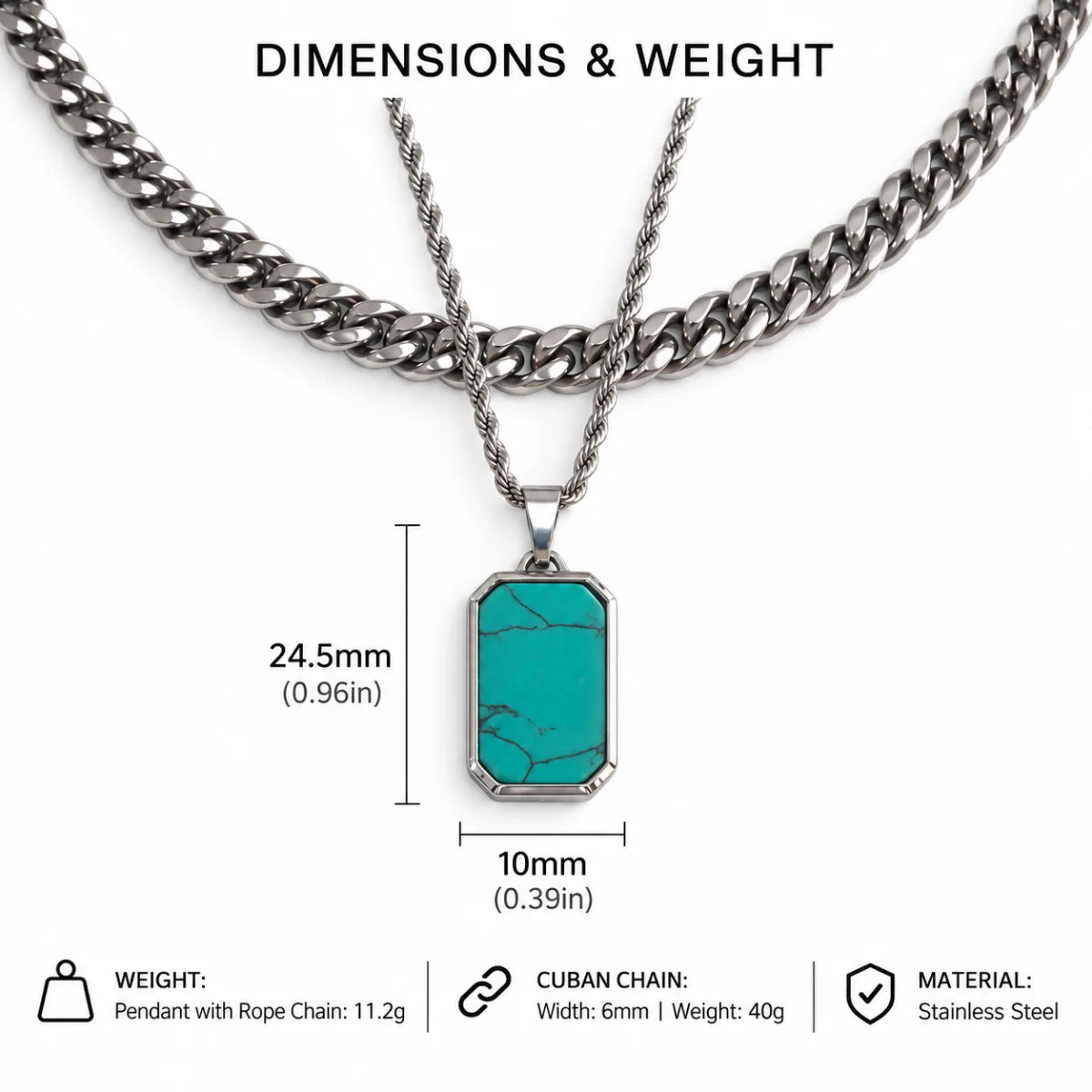 turquoise dog tag necklace dimensions and weight