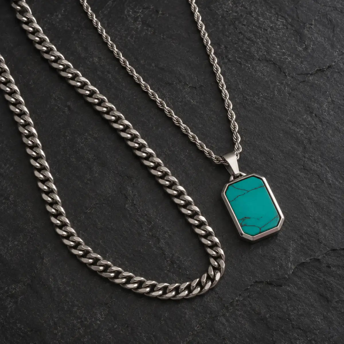 turquoise dog tag necklace layered set birds eye display