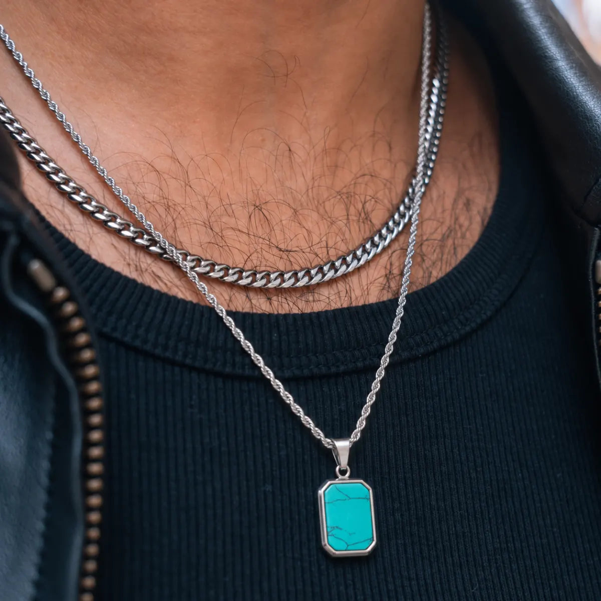 turquoise dog tag necklace layered set lifestyle black shirt