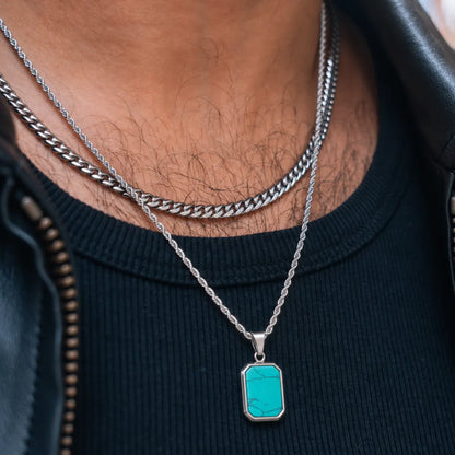turquoise dog tag necklace layered set lifestyle black shirt