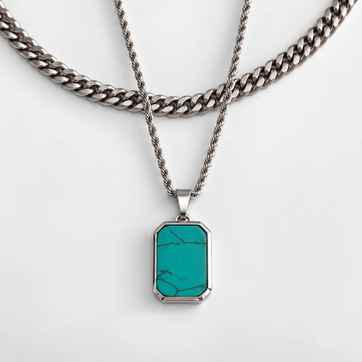 turquoise dog tag necklace layered set white background