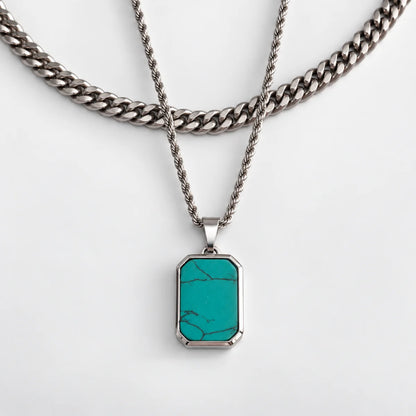 turquoise dog tag necklace layered set white background