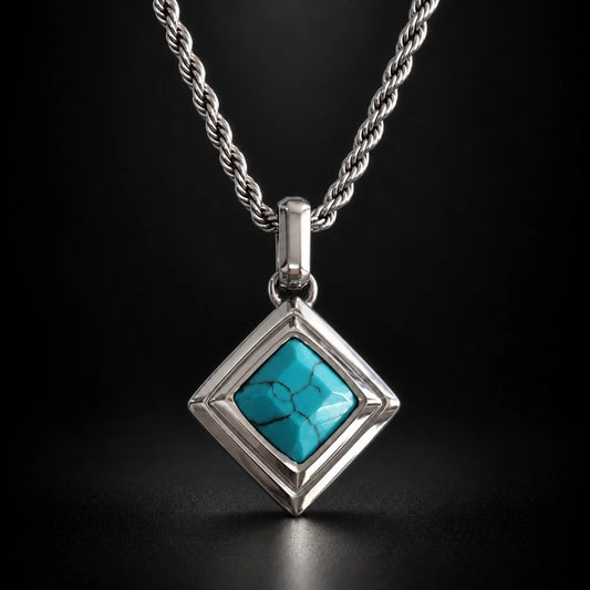 turquoise geometric necklace black background hero