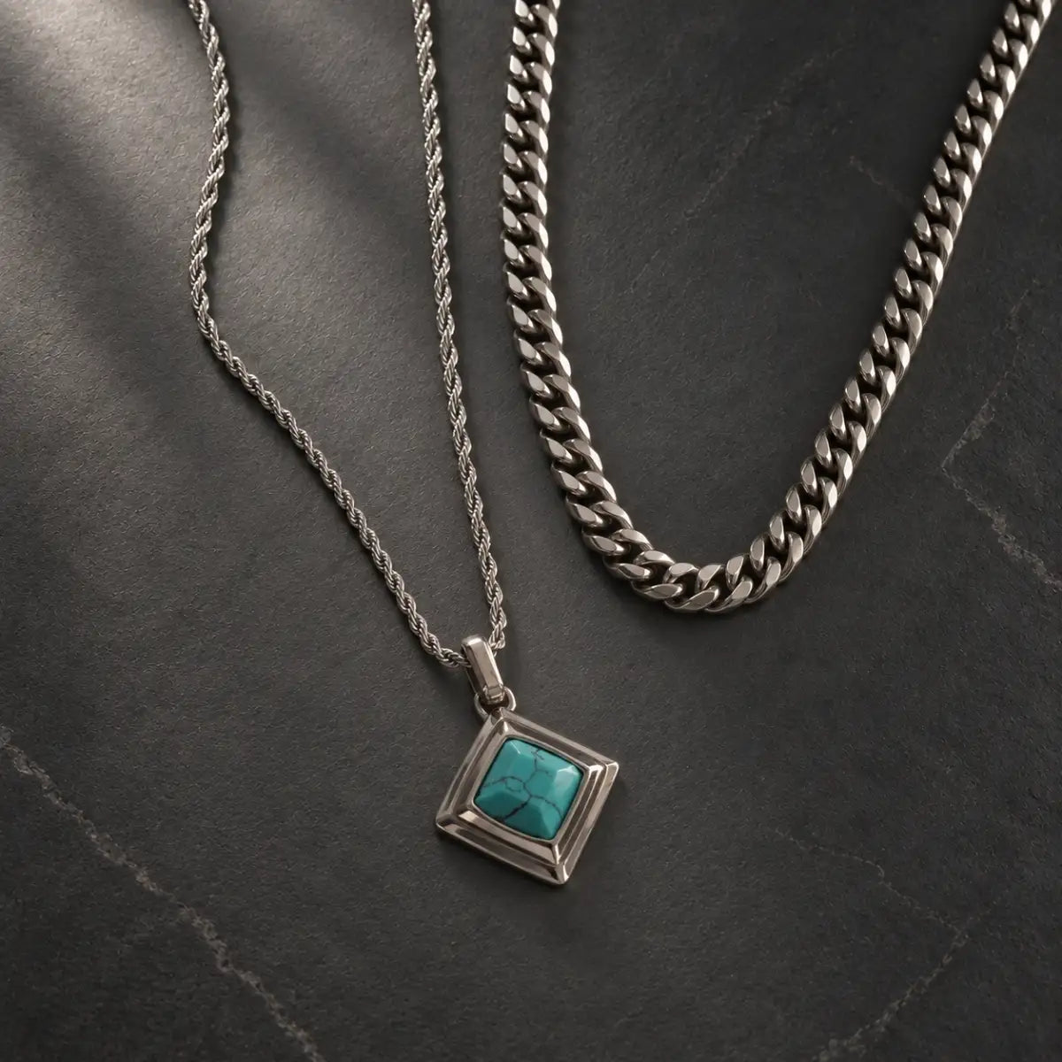 turquoise geometric necklace layered set birds eye display