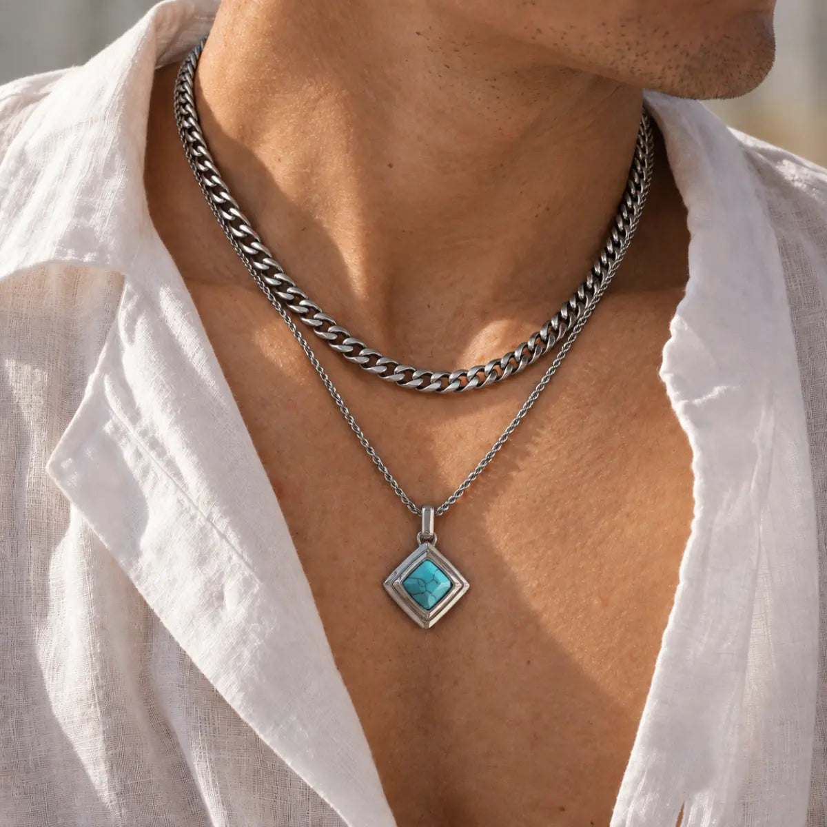 turquoise geometric necklace layered set lifestyle open shirt