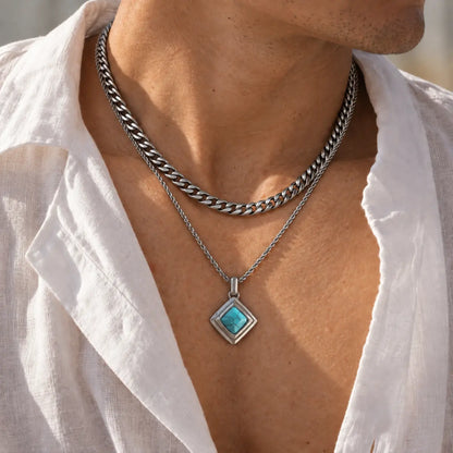 turquoise geometric necklace layered set lifestyle open shirt
