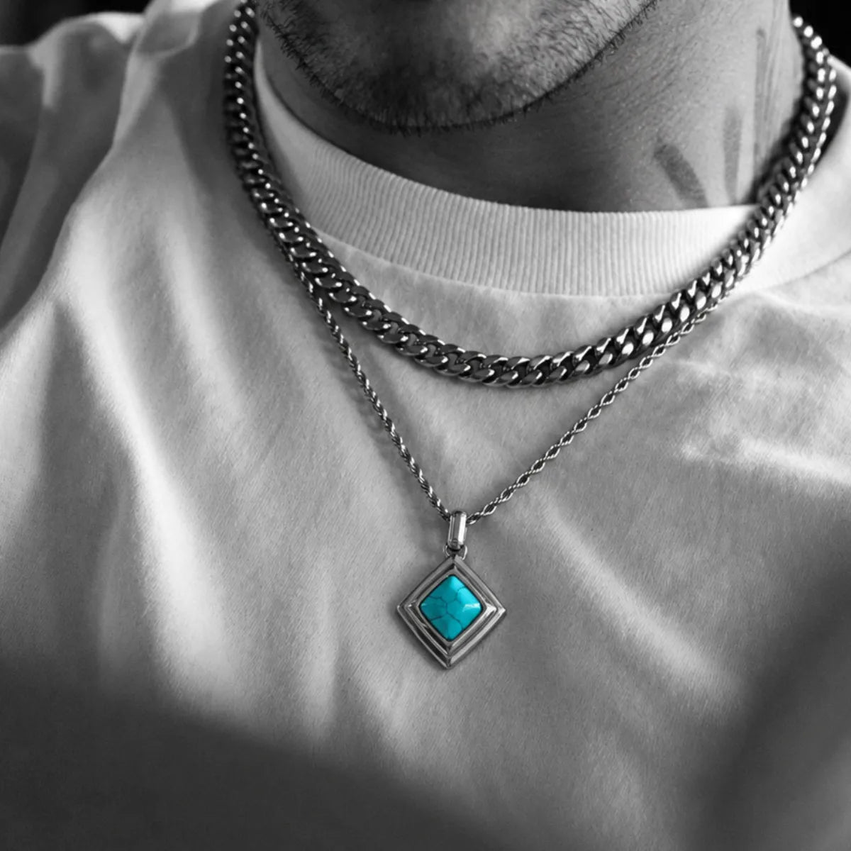 turquoise geometric necklace layered set lifestyle white shirt