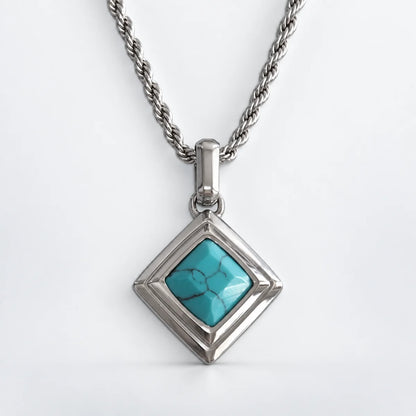 turquoise geometric necklace with rope chain white background