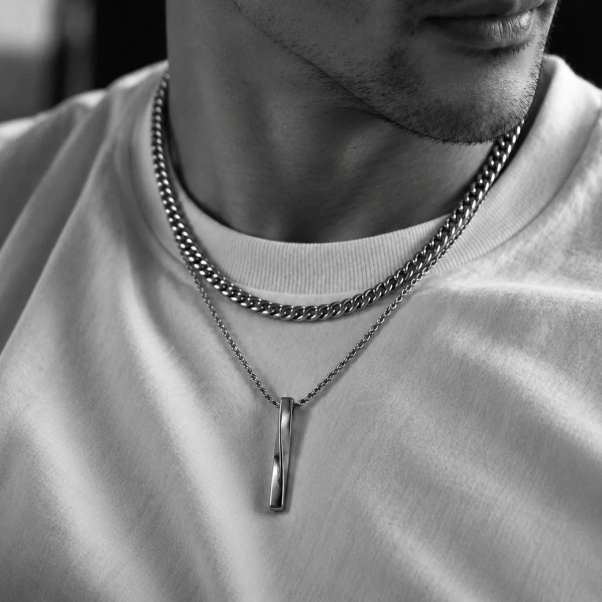 twist bar necklace layered set lifestyle white shirt