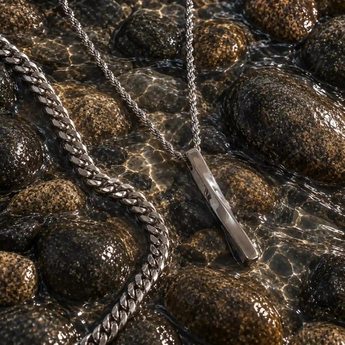 twist bar necklace layered set water stone display