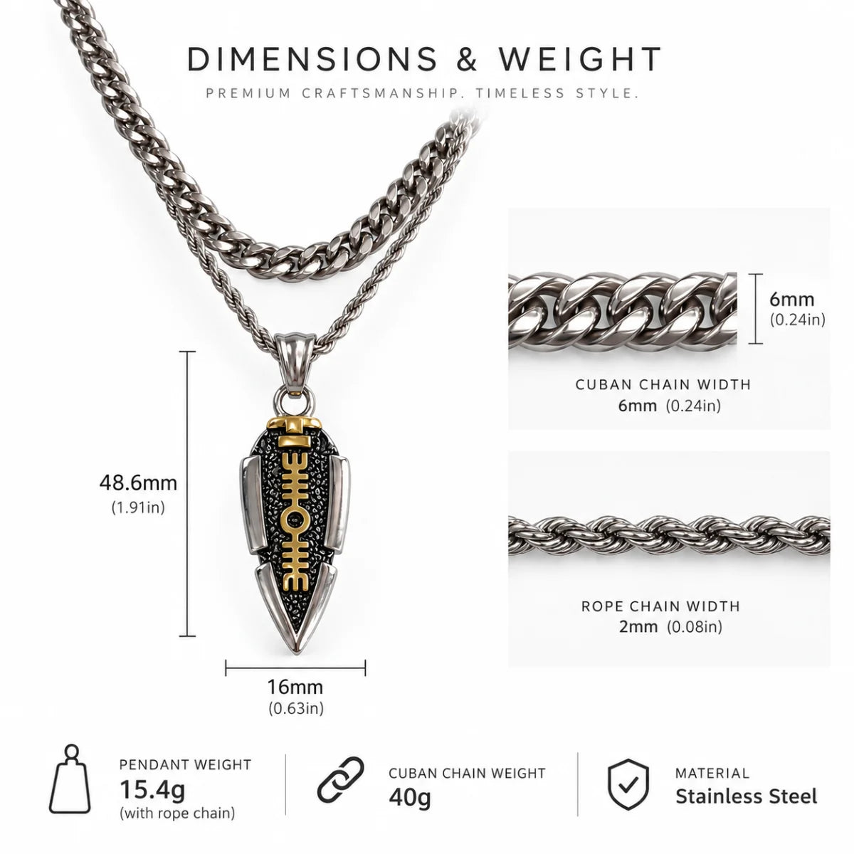 valknut spearhead pendant necklace dimensions and weight