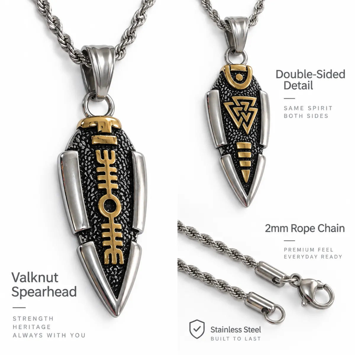 valknut spearhead pendant necklace double sided rope chain details