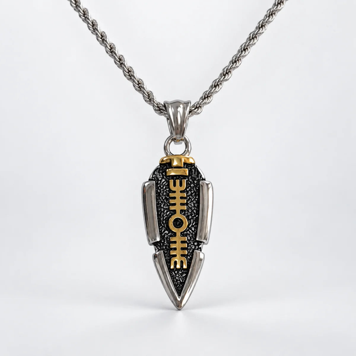 valknut spearhead pendant necklace with rope chain white background