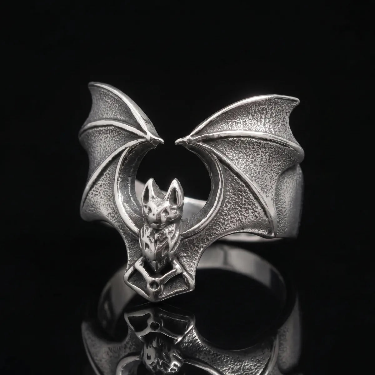 Vampire Bat Ring Silver Front View Premium Stainless Steel Macabre Gothic Jewelry