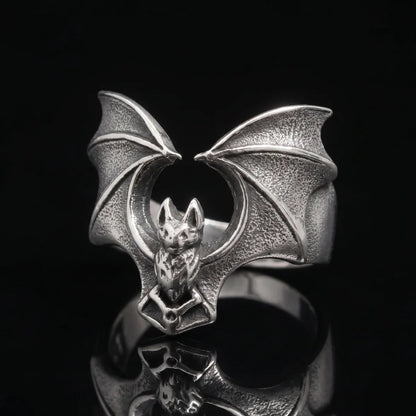 Vampire Bat Ring Silver Front View Premium Stainless Steel Macabre Gothic Jewelry