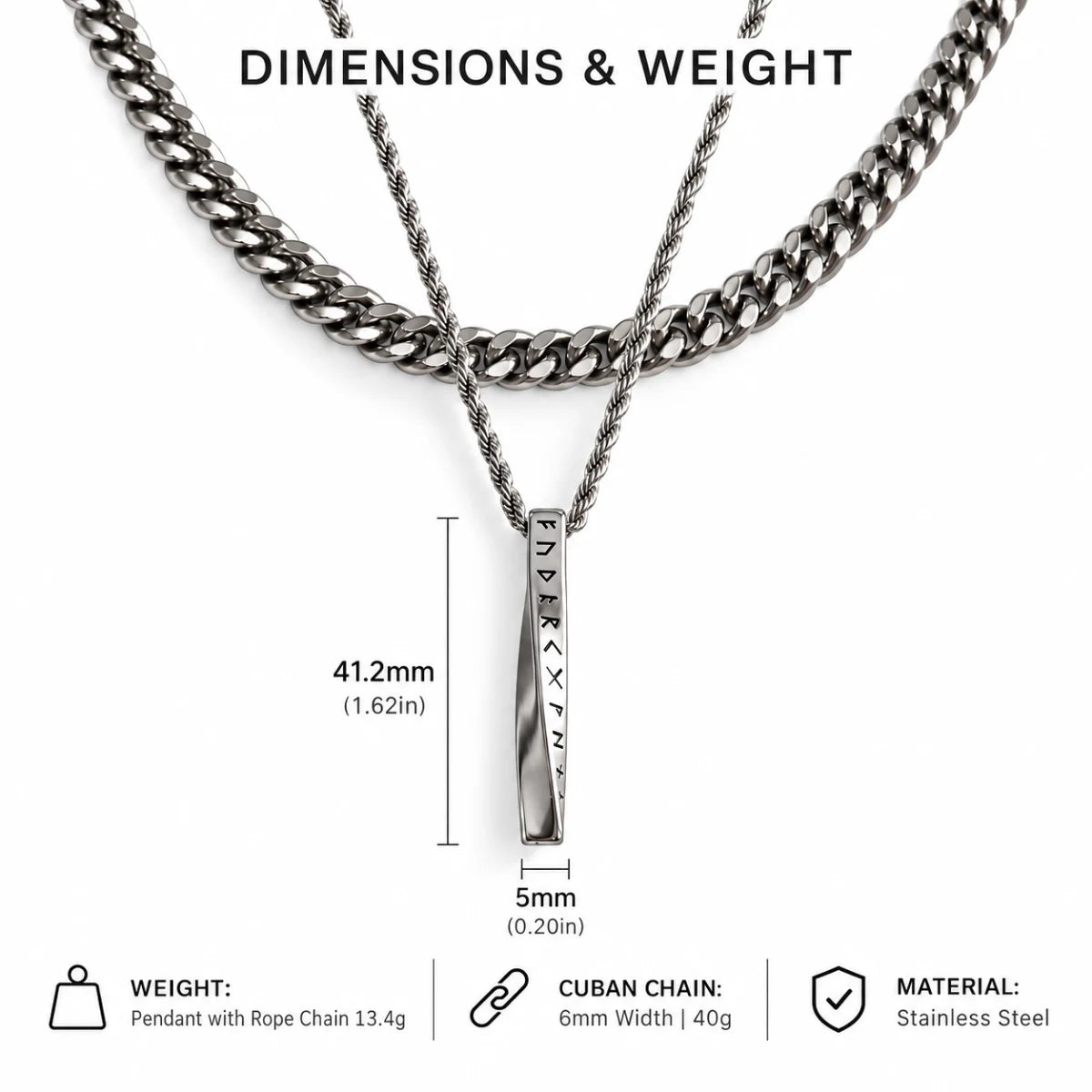 Viking Rune Twist Necklace Layered Set Dimensions and Weight